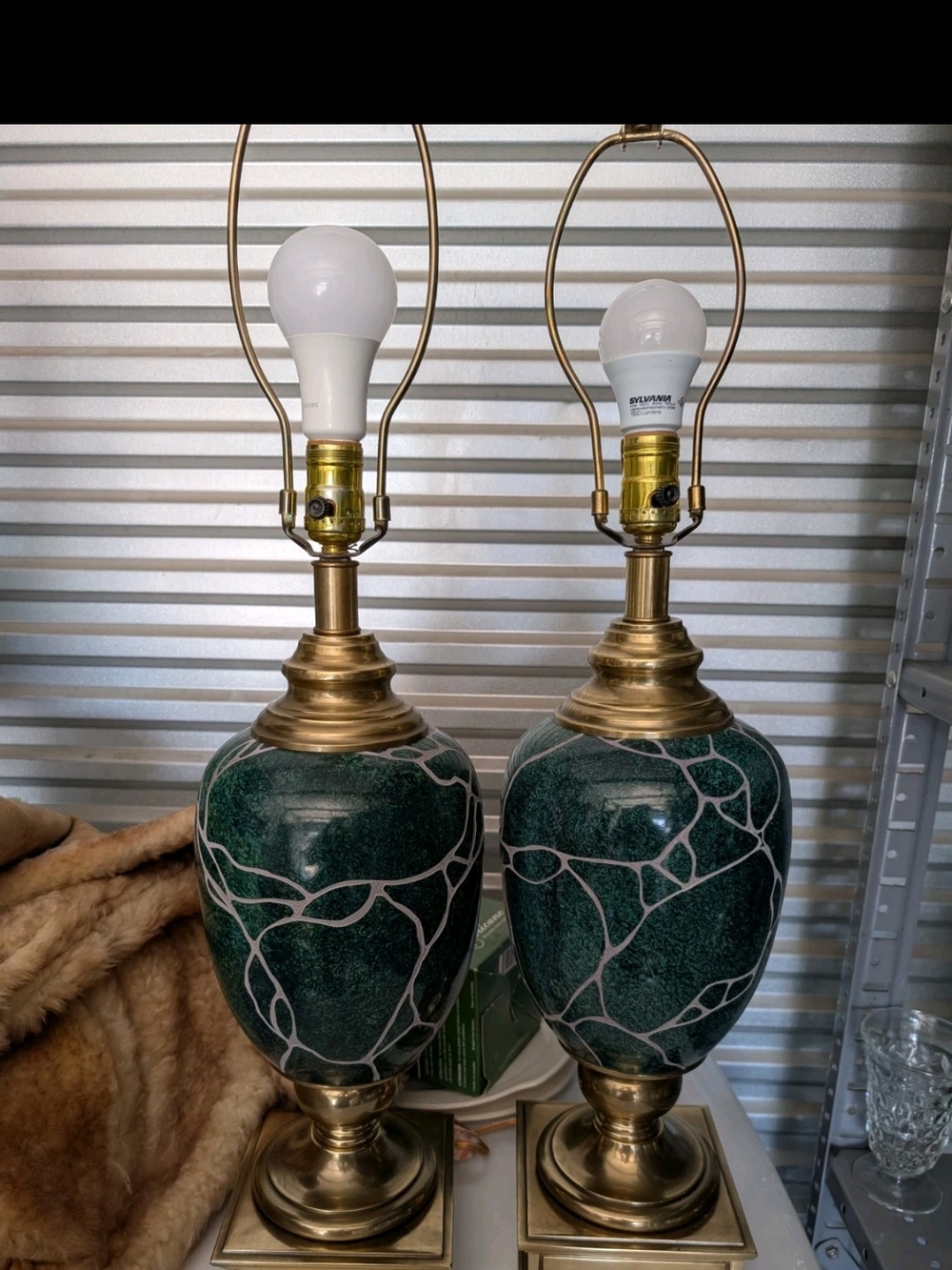 Frederick Cooper Brass & Green Marble-Pattern Table Lamp (Pair)